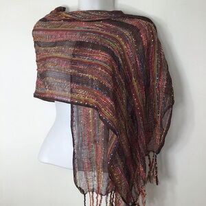 Multicolor Striped Fringe Wrap Scarf in Brown and Pink